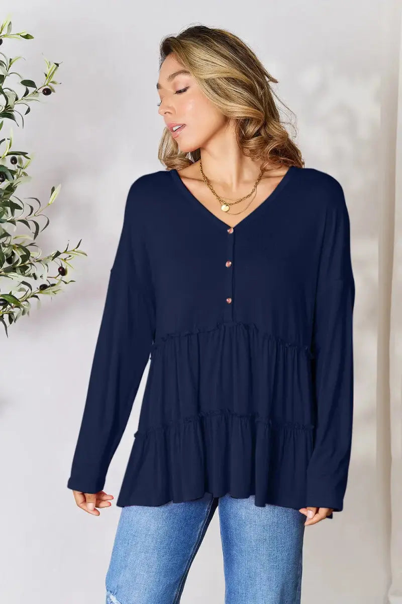 Double Take Half Button Long Sleeve Ruffle Hem Blouse - Love Salve
